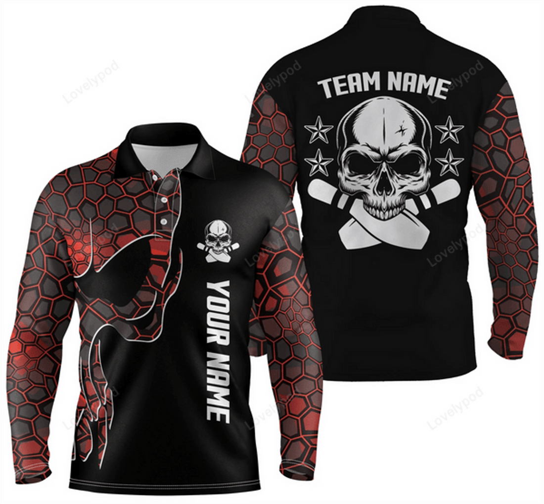 FUNSTUFFPRINT Custom Skull Bowling style Polo Shirts For Team, Bowling Long Sleeve 3D Shirt for men and women
