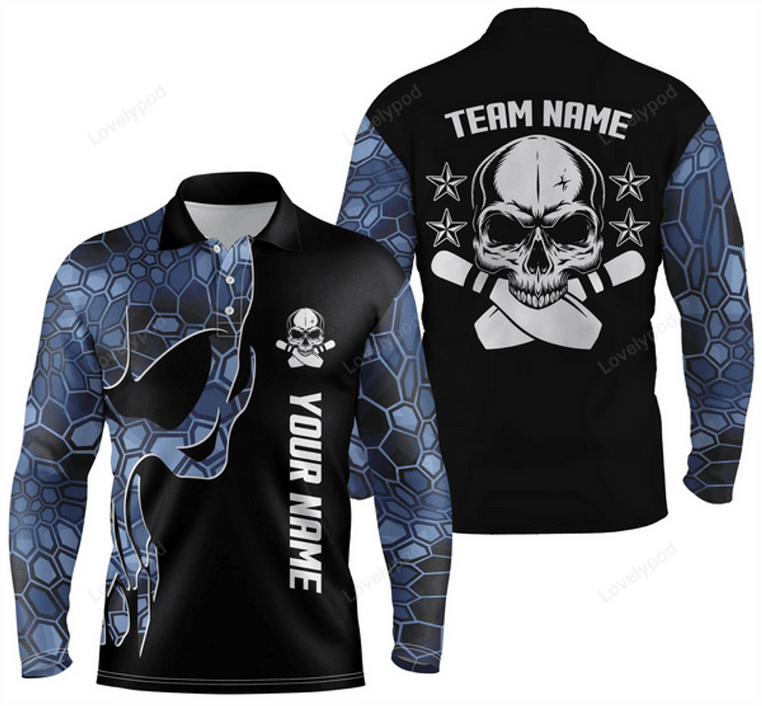 FUNSTUFFPRINT Custom Skull Bowling style Polo Shirts For Team, Bowling Long Sleeve 3D Shirt for men and women