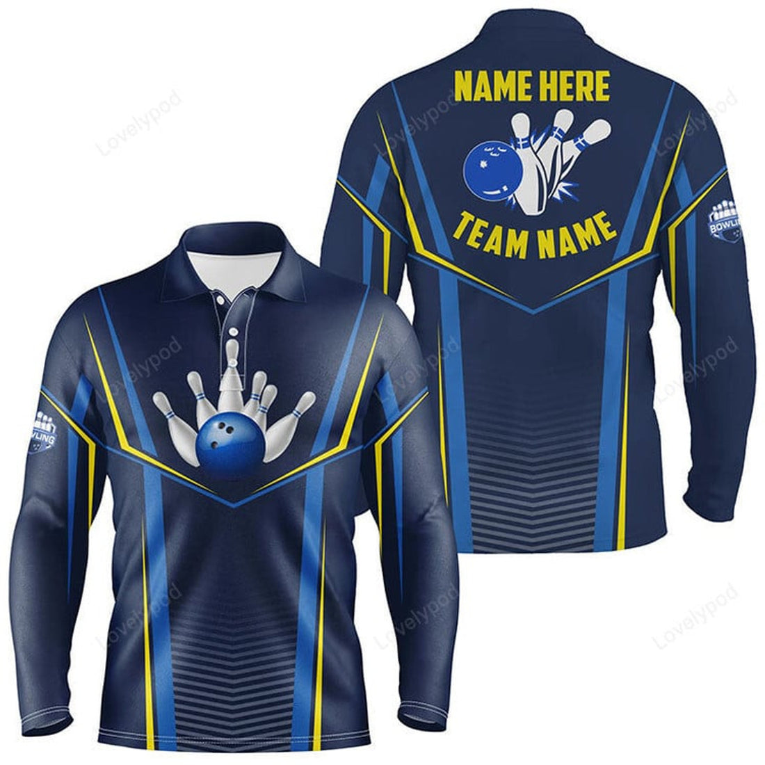 FUNSTUFFPRINT Navy Bowling Ball Pins Customized Name And Team Name 3D Long Sleeve Polo Shirt, Bowling Shirts For Men