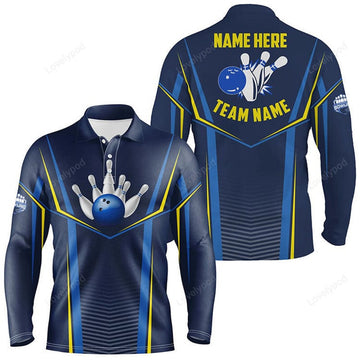 FUNSTUFFPRINT Navy Bowling Ball Pins Customized Name And Team Name 3D Long Sleeve Polo Shirt, Bowling Shirts For Men