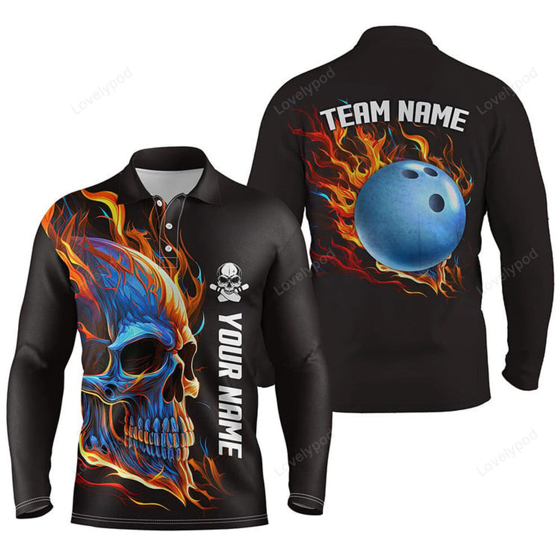 FUNSTUFFPRINT Bowling Skull On Fire Customized Name And Team Name 3D Long Sleeve Polo Shirt, Bowling Shirts For Men