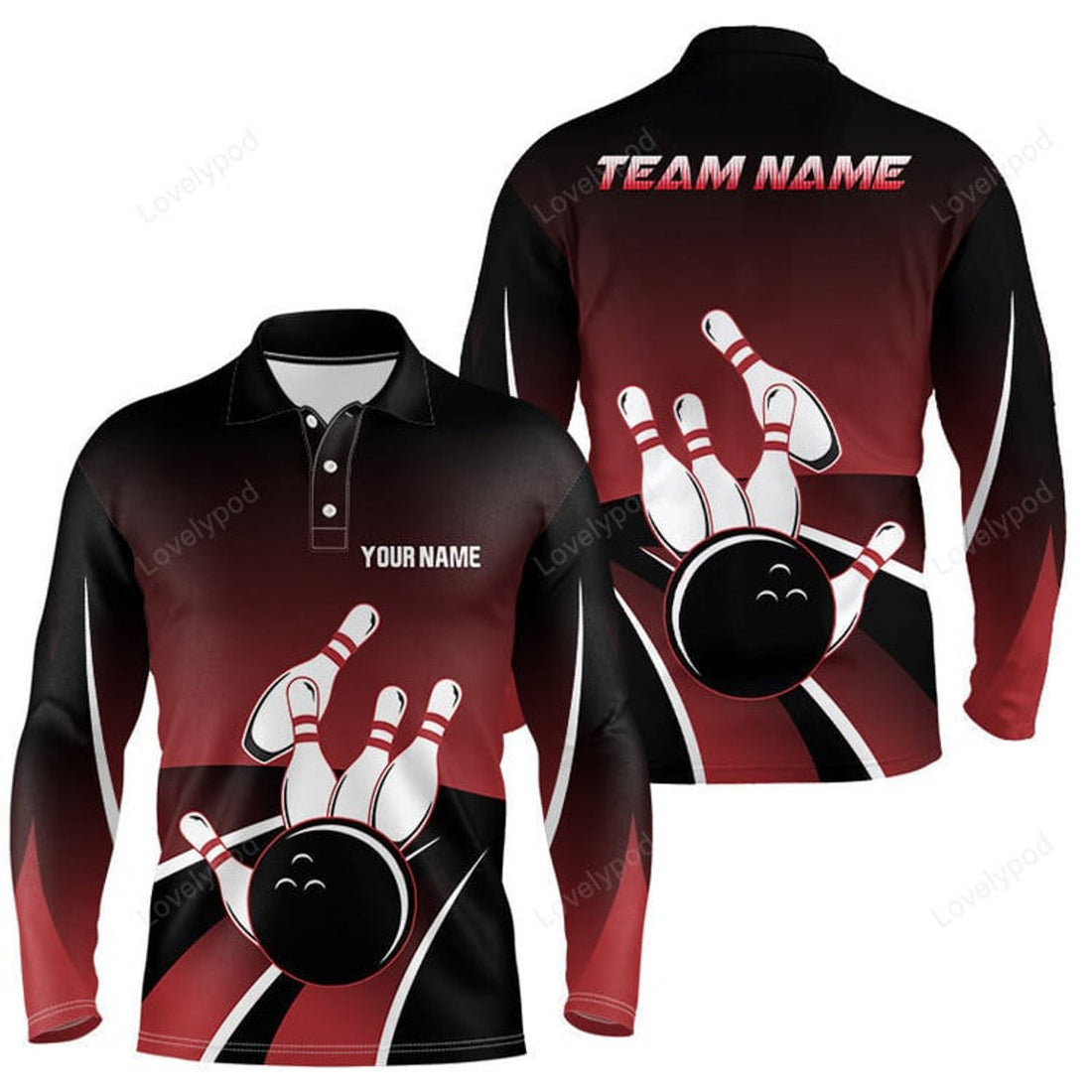 FUNSTUFFPRINT Red And Black Bowling Ball Pin 3D Long Sleeve Polo Shirt, Bowling Shirts For Men