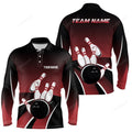 FUNSTUFFPRINT Red And Black Bowling Ball Pin 3D Long Sleeve Polo Shirt, Bowling Shirts For Men