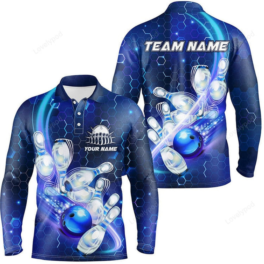 FUNSTUFFPRINT Blue Light Bowling Ball Pins Hexagon 3D Long Sleeve Polo Shirt, Bowling Shirts For Men