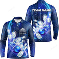 FUNSTUFFPRINT Blue Light Bowling Ball Pins Hexagon 3D Long Sleeve Polo Shirt, Bowling Shirts For Men