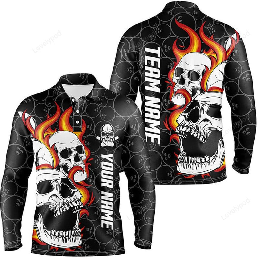 FUNSTUFFPRINT Black Camo Bowling Skull Long Sleeve Polo Shirt, Bowling Shirts For Men