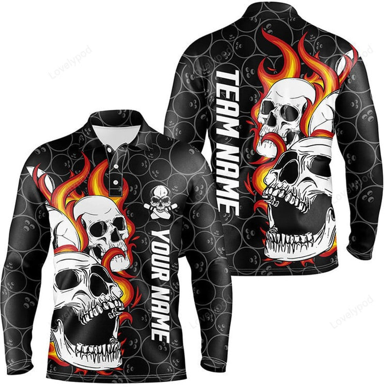 FUNSTUFFPRINT Black Camo Bowling Skull Long Sleeve Polo Shirt, Bowling Shirts For Men