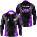 FUNSTUFFPRINT Purple Bowling Player Hexagon Pattern Long Sleeve Polo Shirt, Bowling Shirts For Men
