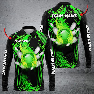 FUNSTUFFPRINT Bowling And Pins Abstract Grunge Texture Multicolor Custom Name Long Sleeve Polo Shirt, Men Bowling Shirts