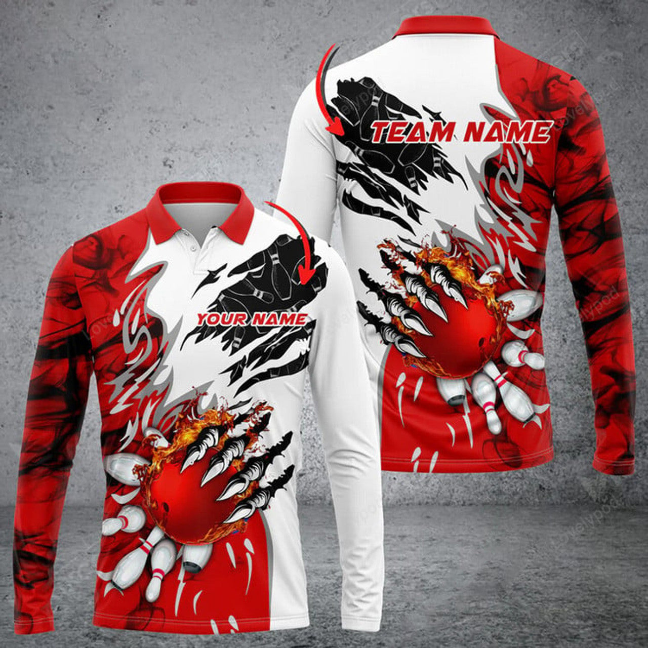 FUNSTUFFPRINT Bowling And Pins Plame Monster Hand Premium Custom Name Long Sleeve Polo Shirt, Men Bowling Shirts