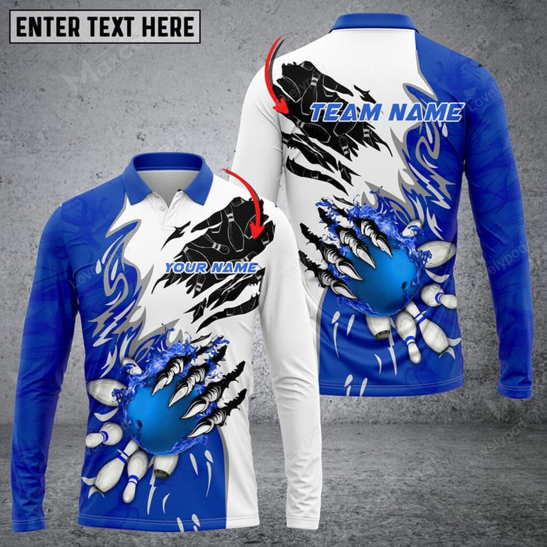 FUNSTUFFPRINT Bowling And Pins Plame Monster Hand Premium Custom Name Long Sleeve Polo Shirt, Men Bowling Shirts