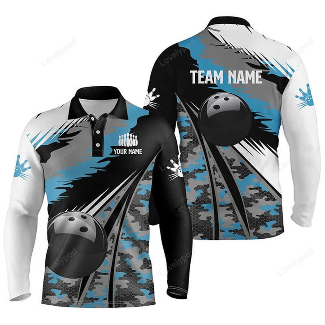 FUNSTUFFPRINT Men Polo Bowling Long Sleeve Polo Shirts, Custom Black Ball Blue Camo Bowling Team Shirt, Gift For Bowlers