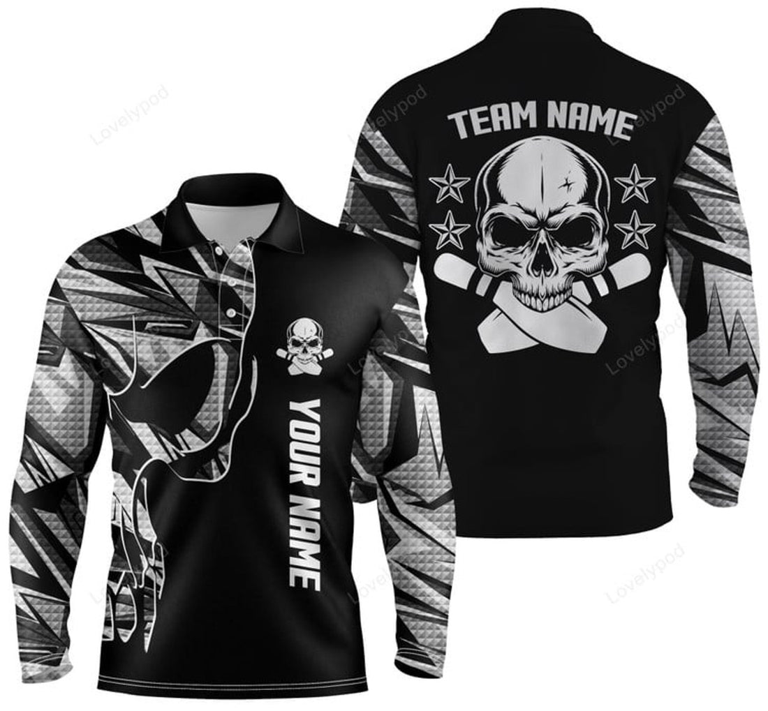 FUNSTUFFPRINT Bowling Long Sleeve Polo Shirts For Men, Custom Name And Team Name Skull Bowling, Team Bowling Shirts