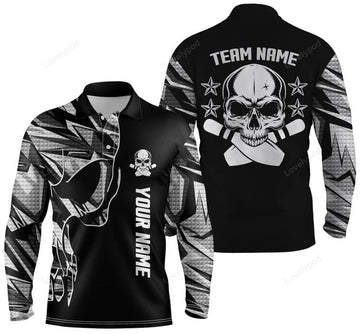 FUNSTUFFPRINT Bowling Long Sleeve Polo Shirts For Men, Custom Name And Team Name Skull Bowling, Team Bowling Shirts