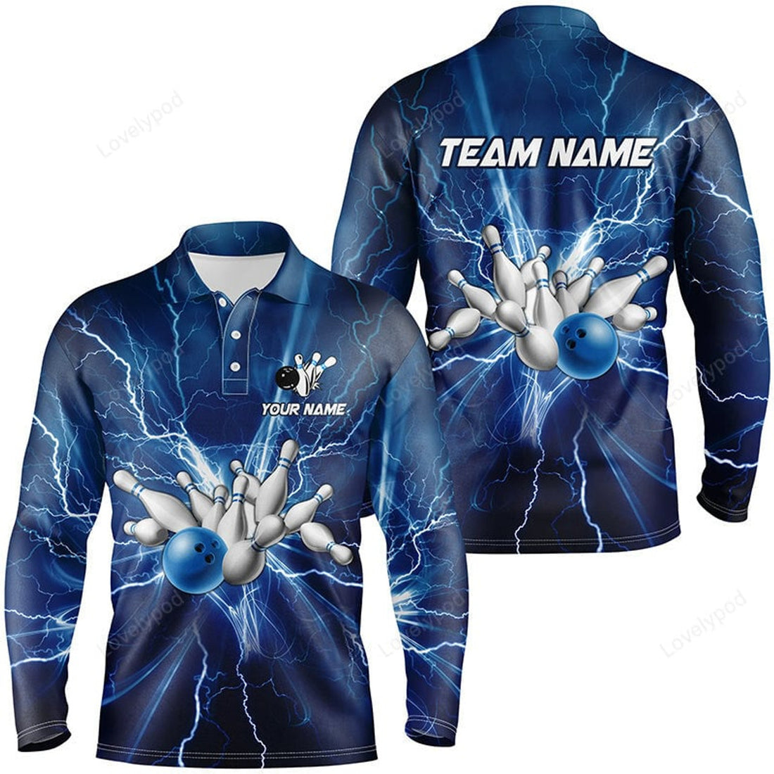 FUNSTUFFPRINT Men Long sleeve polo bowling shirts, Custom blue lightning thunder Bowling Team Jersey, gift for team Bowlers