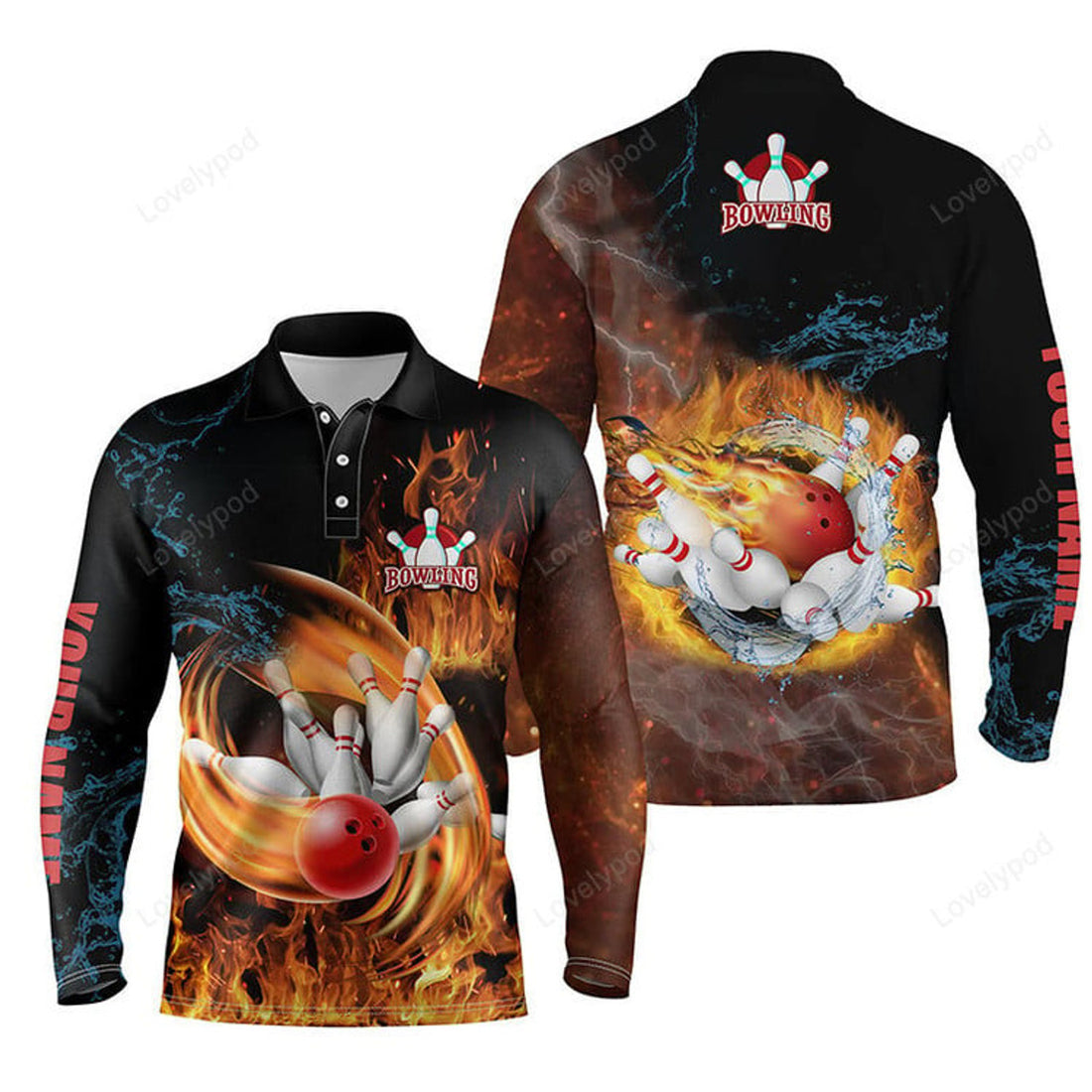 FUNSTUFFPRINT Customize Bowling Long Sleeve Polo Shirts For Men, Flame Bowling Ball And Pins Team Shirt