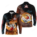 FUNSTUFFPRINT Customize Bowling Long Sleeve Polo Shirts For Men, Flame Bowling Ball And Pins Team Shirt