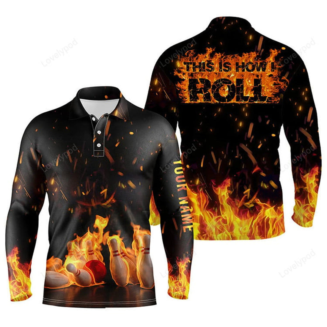 FUNSTUFFPRINT Men'S Bowling Long Sleeve Polo Shirt, This Is How I Roll Custom Bowling Ball And Pins, Custom Bowling Shirts For Men