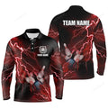 FUNSTUFFPRINT Men Bowling Long Sleeve Polo Shirts, Custom Red Lightning Thunder Bowling Team Jersey, Gift For Team Bowlers