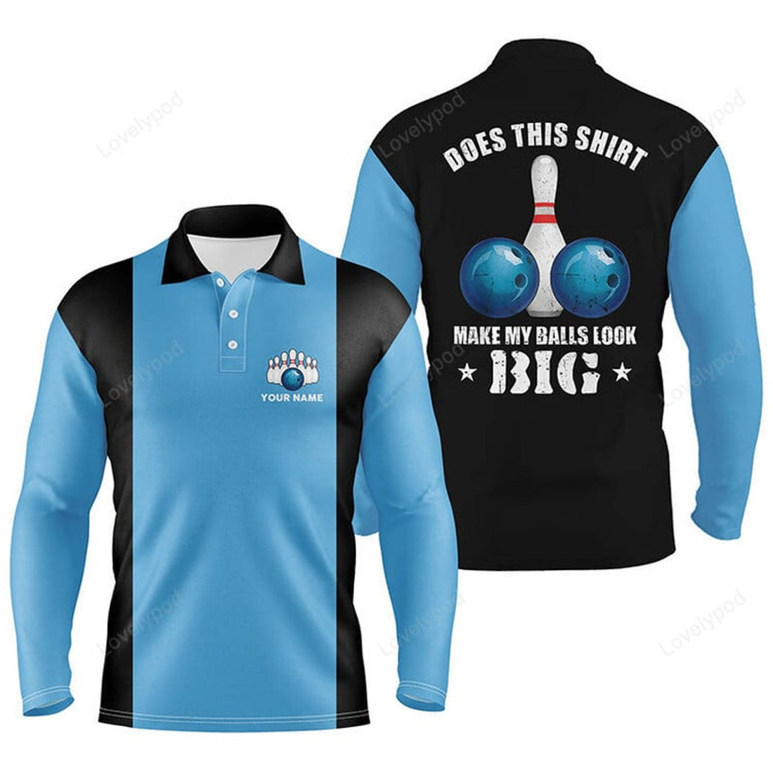 FUNSTUFFPRINT Men Bowling Long Sleeve Polo Shirts, Custom Vintage Blue And Black Does This Shirt Make My Balls Look Big