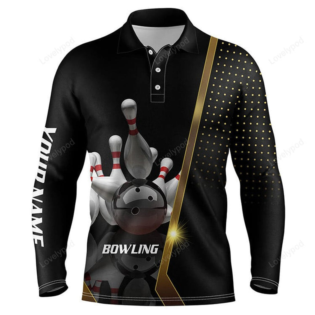FUNSTUFFPRINT Personalized Men Long sleeve Polo Bowling Shirt Black and Gold, Men Bowlers Custom Team bowling Jersey