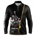 FUNSTUFFPRINT Personalized Men Long sleeve Polo Bowling Shirt Black and Gold, Men Bowlers Custom Team bowling Jersey