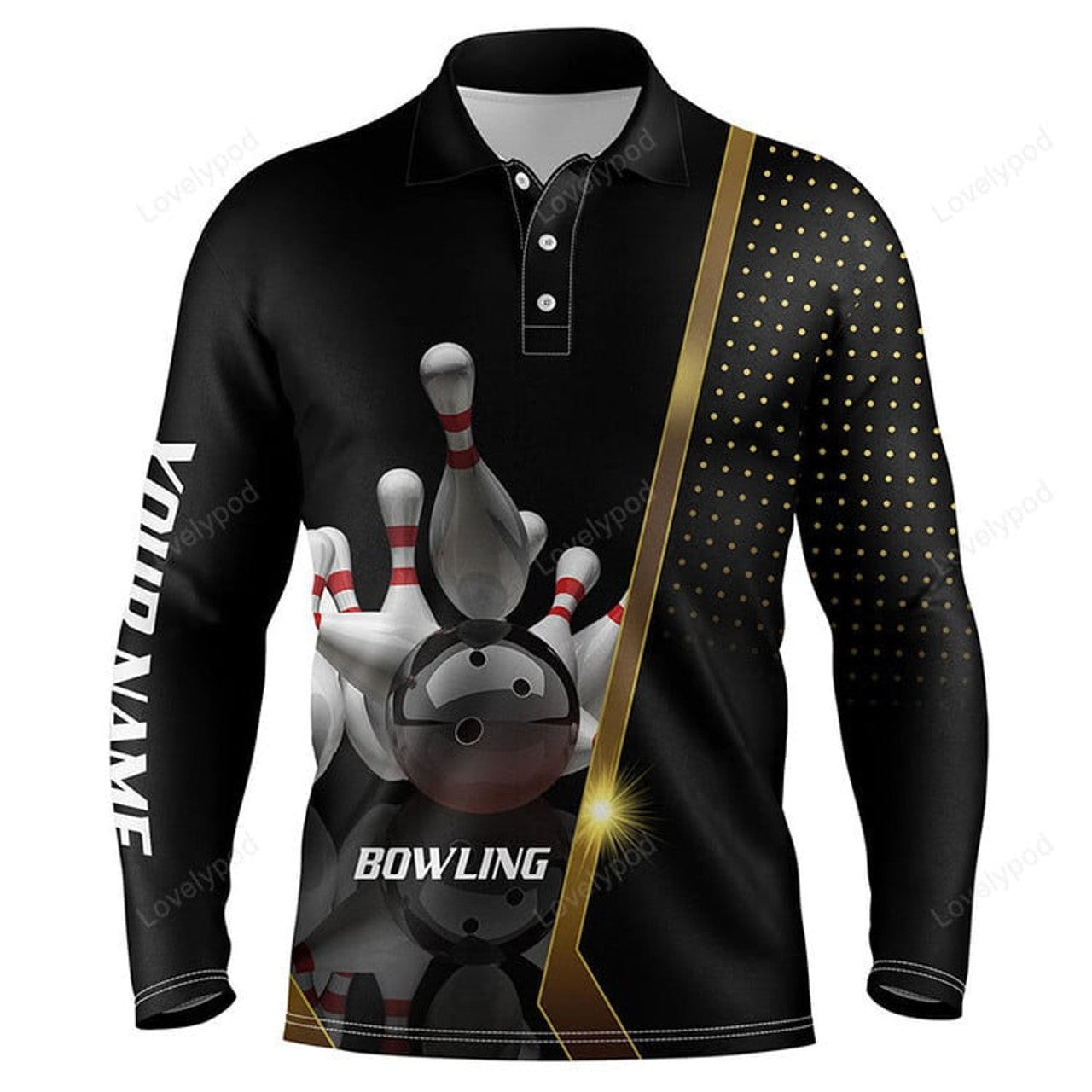 FUNSTUFFPRINT Personalized Men Long sleeve Polo Bowling Shirt Black and Gold, Men Bowlers Custom Team bowling Jersey