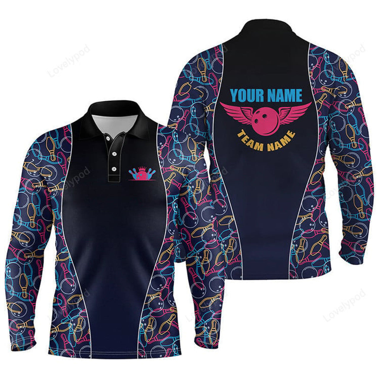 FUNSTUFFPRINT Bowling Pattern Long Sleeve Polo Shirts For Men, Personalized Bowling Team Jerseys