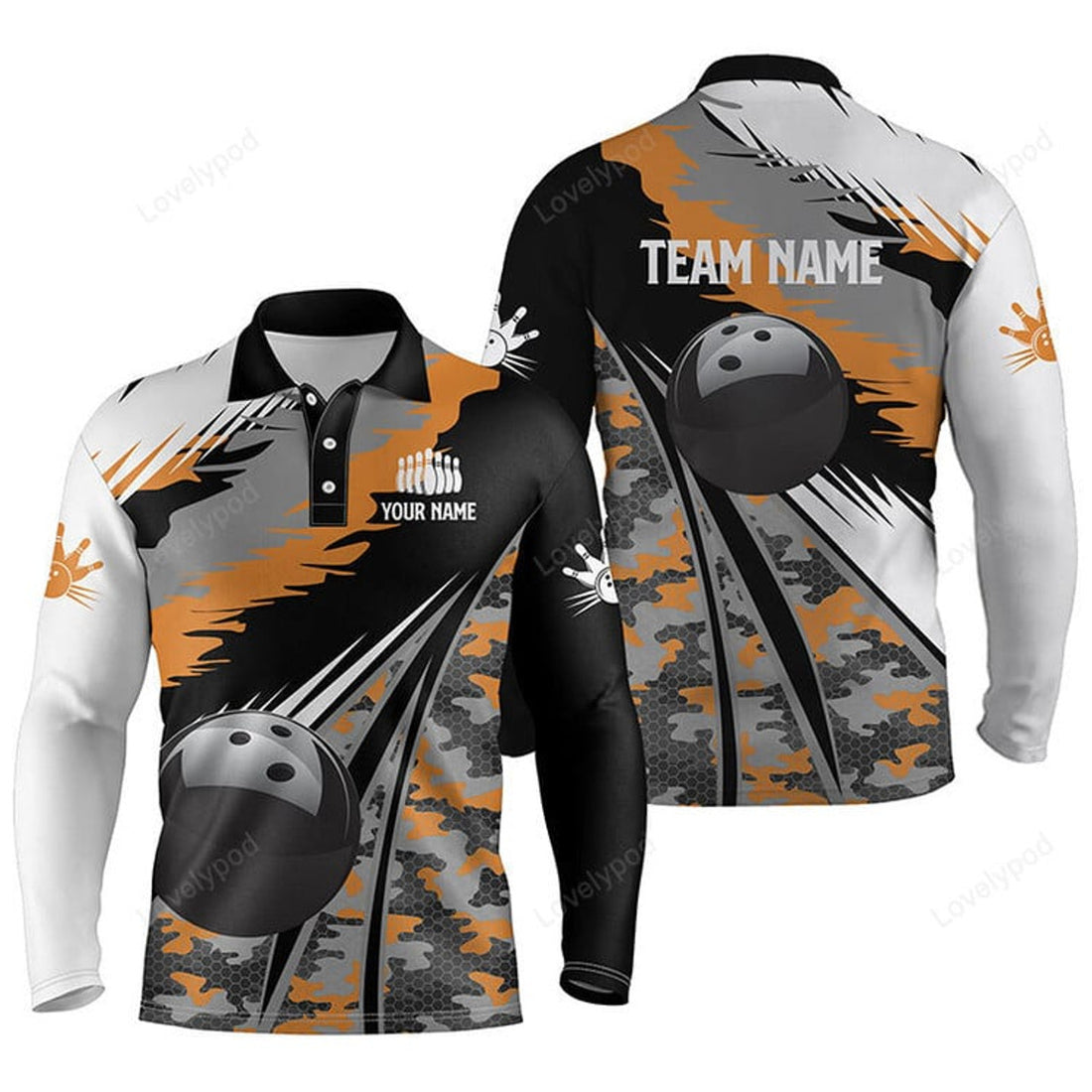 FUNSTUFFPRINT Men Bowling Long Sleeve Polo Shirts, Custom Black Ball Orange Camo Bowling Team Jersey, Gift For Bowlers