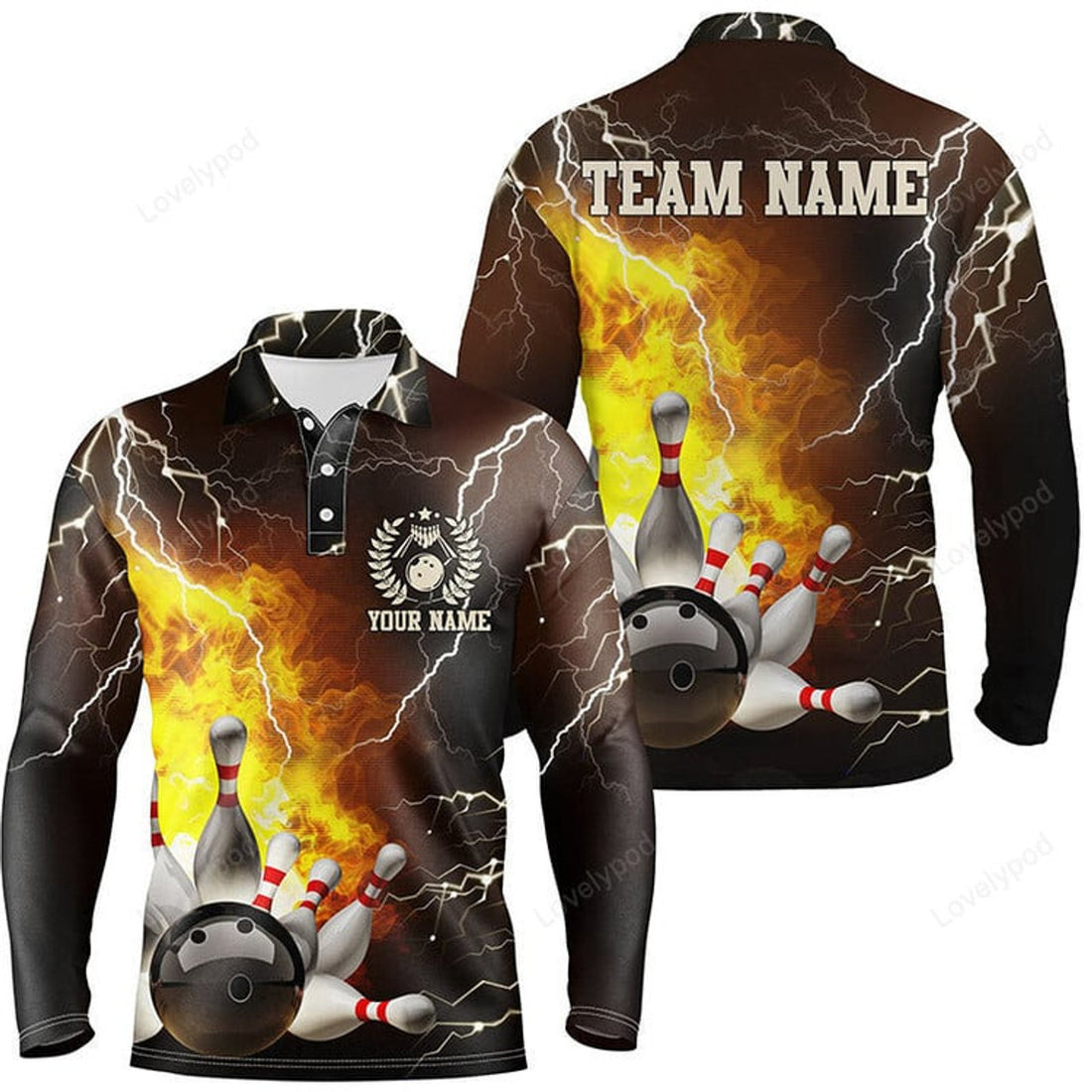 FUNSTUFFPRINT Men Bowling Long Sleeve Polo Shirts, Custom Flame Lightning Thunder Bowling Team Jersey, Bowling Team League Shirt