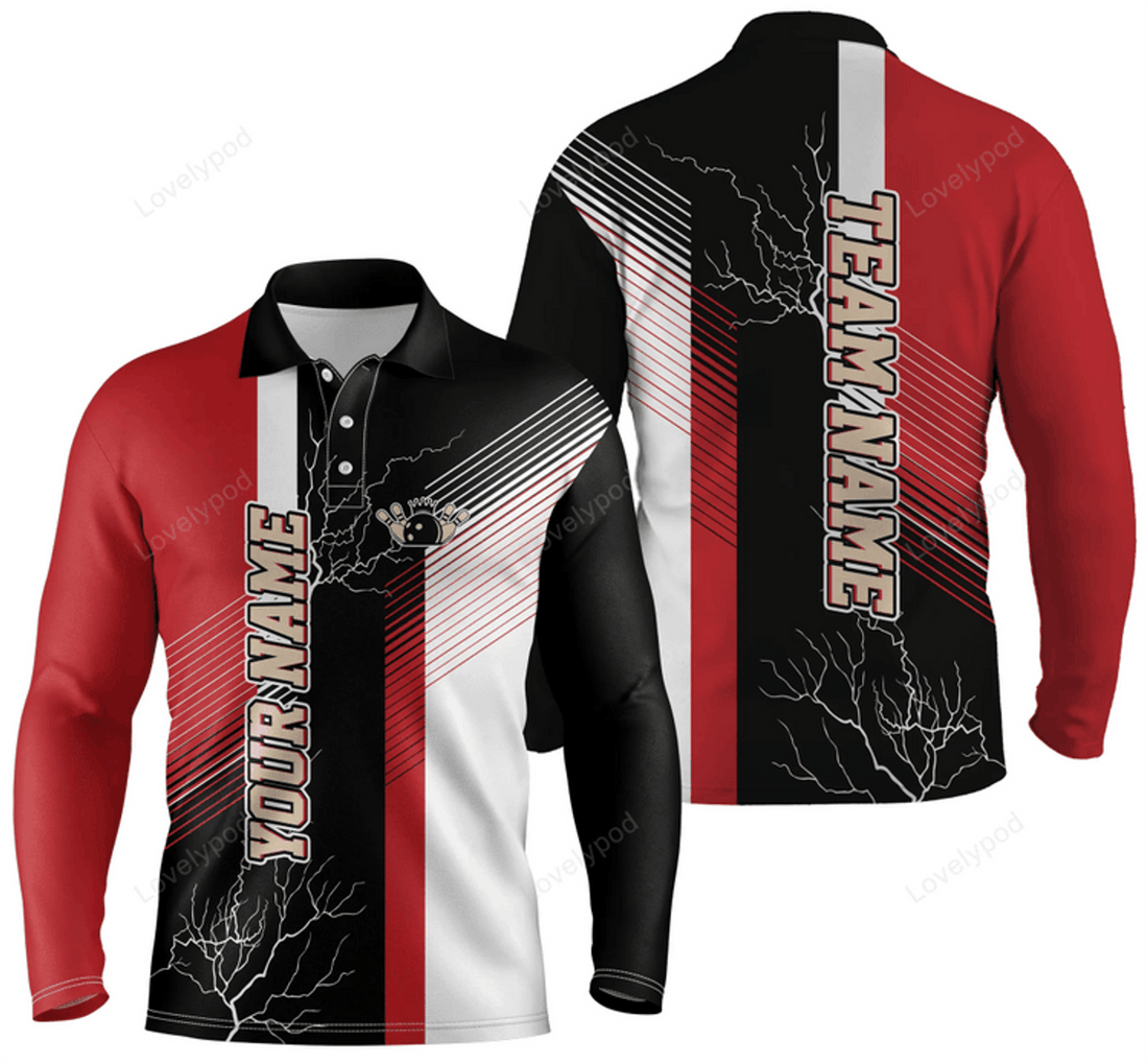 FUNSTUFFPRINT Personalized Men Long sleeve polo Bowling Shirt, Flame Bowling Ball and Pins bowling jerseys for men Bowler