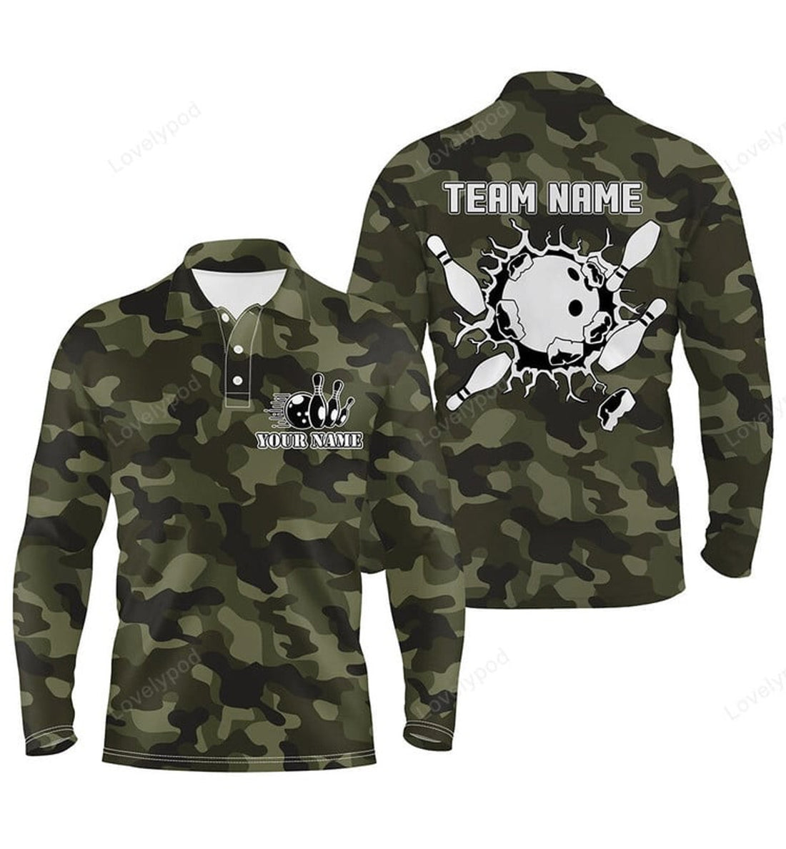 FUNSTUFFPRINT Bowling Long Sleeve Polo Shirts For Men, Custom Bowling Ball And Pins Green Camo Men'S Bowling Team Jersey