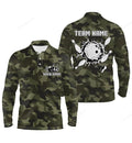 FUNSTUFFPRINT Bowling Long Sleeve Polo Shirts For Men, Custom Bowling Ball And Pins Green Camo Men'S Bowling Team Jersey