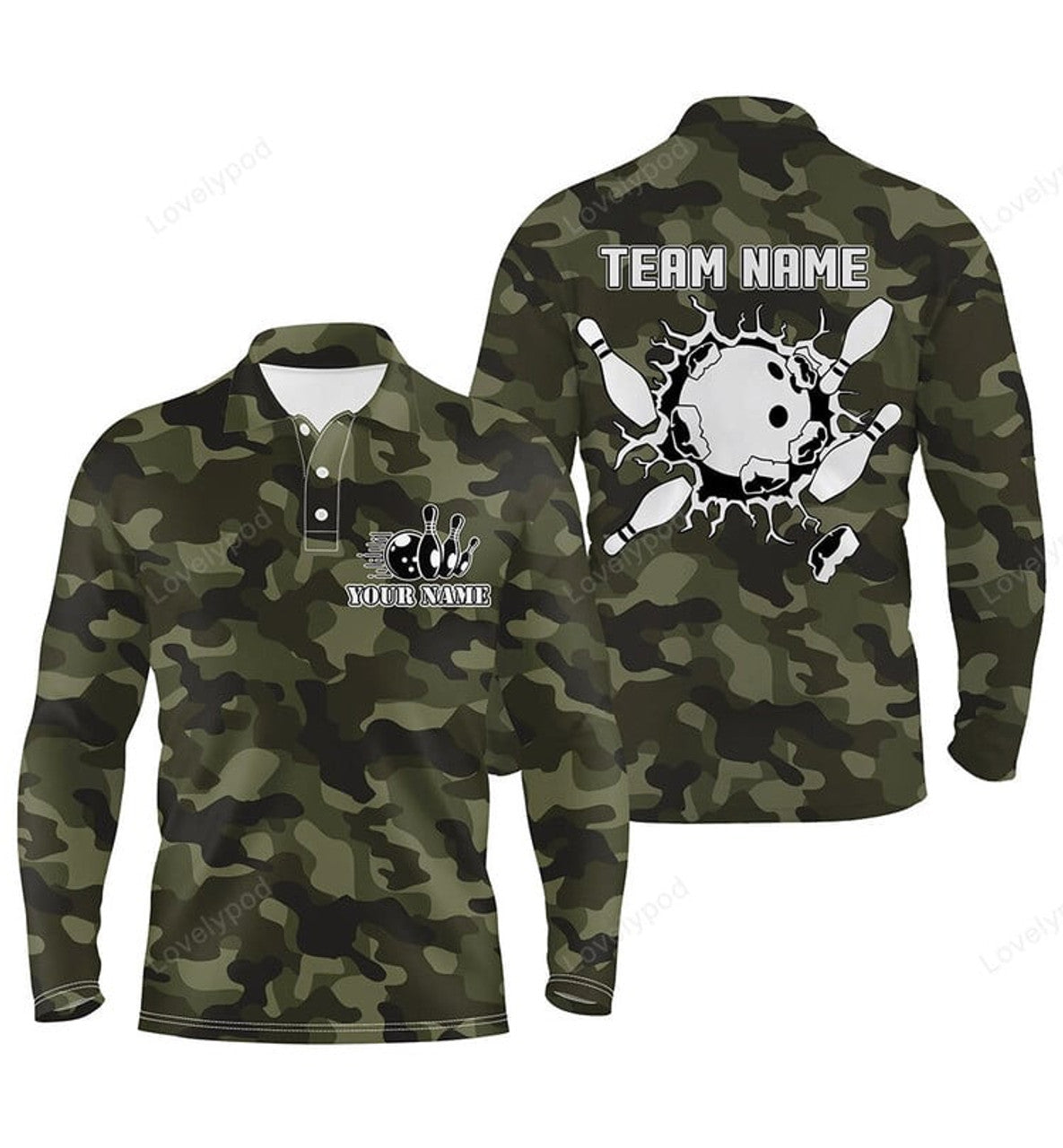 FUNSTUFFPRINT Bowling Long Sleeve Polo Shirts For Men, Custom Bowling Ball And Pins Green Camo Men'S Bowling Team Jersey