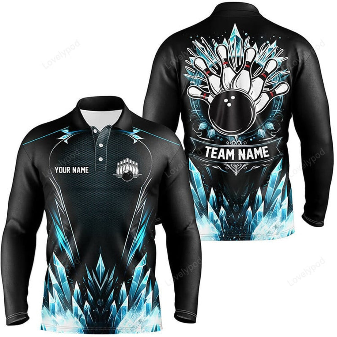 FUNSTUFFPRINT Icy Blue Light Men Long sleeve polo bowling shirts, Custom black team bowling jerseys for men, gifts for bowlers