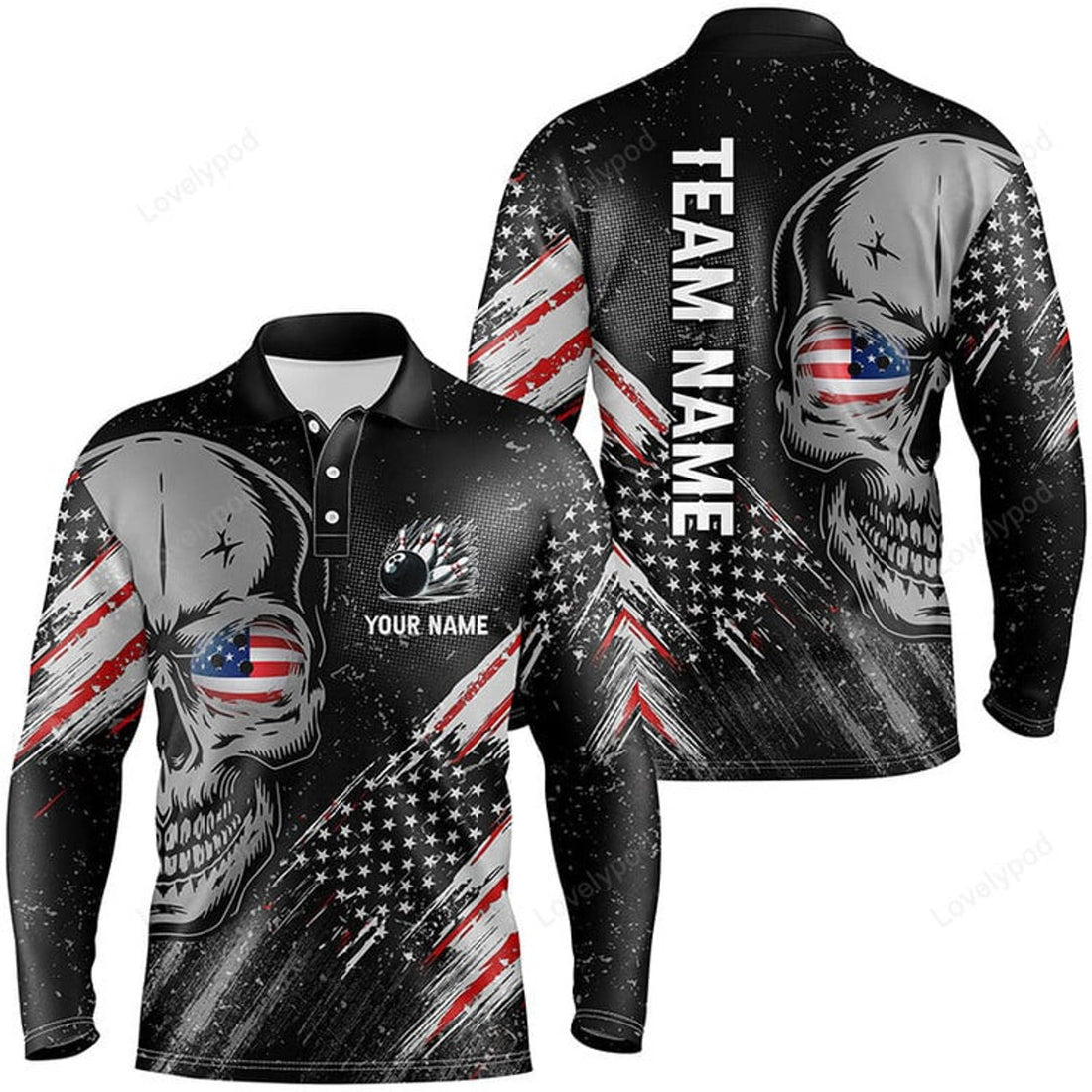 FUNSTUFFPRINT Black American flag retro bowling Long Sleeve T-Shirt, custom skull Men Bowling Polo Shirt, gifts for bowler