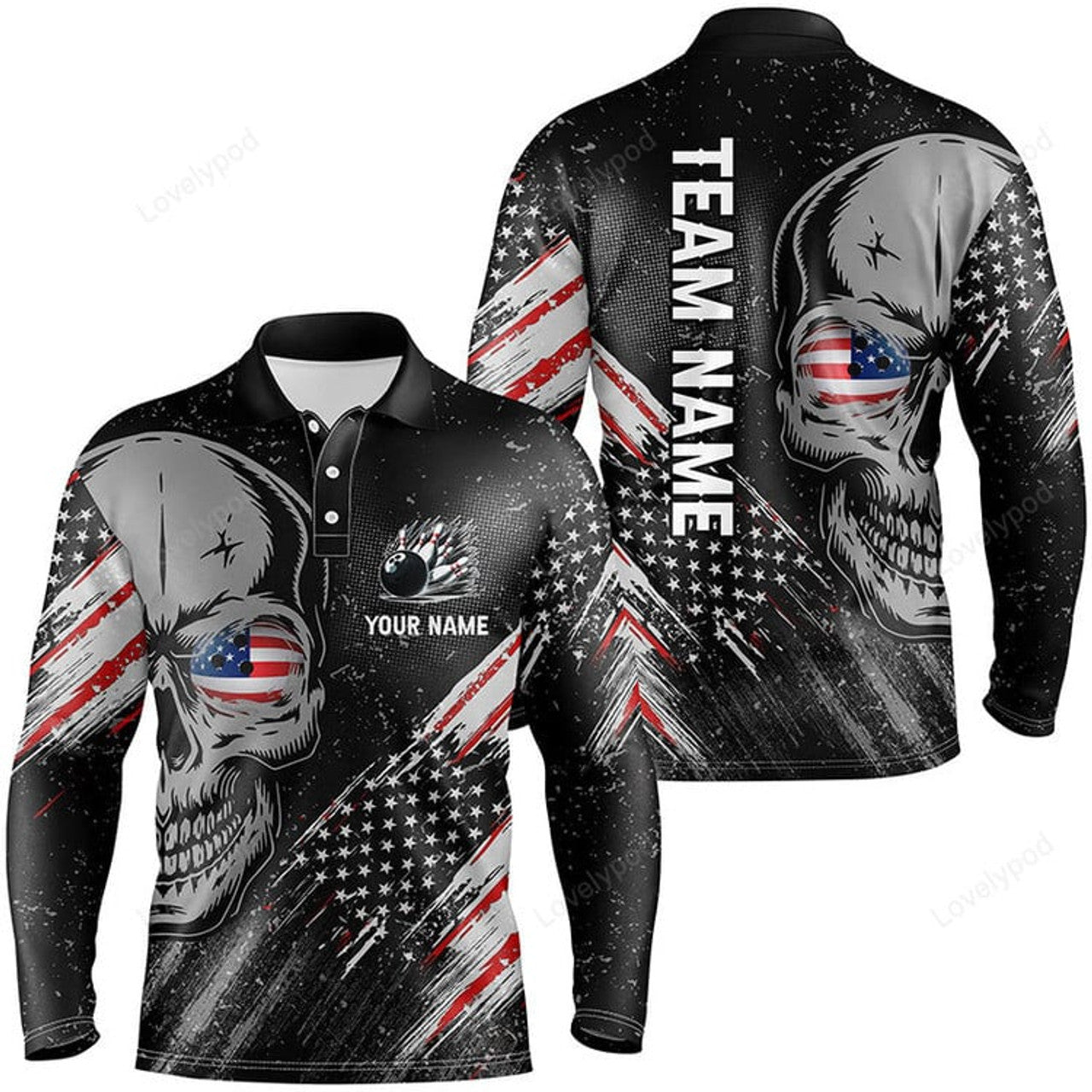FUNSTUFFPRINT Black American flag retro bowling Long Sleeve T-Shirt, custom skull Men Bowling Polo Shirt, gifts for bowler