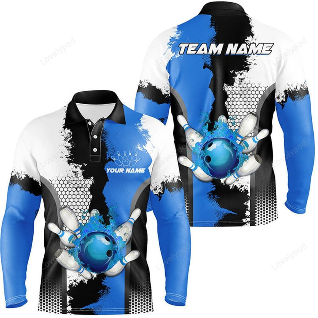 FUNSTUFFPRINT Black White Bowling Fire League Long Sleeve Polo Shirt, Custom Men Bowling Polo Shirt, Gifts For Bowler