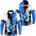 FUNSTUFFPRINT Black White Bowling Fire League Long Sleeve Polo Shirt, Custom Men Bowling Polo Shirt, Gifts For Bowler