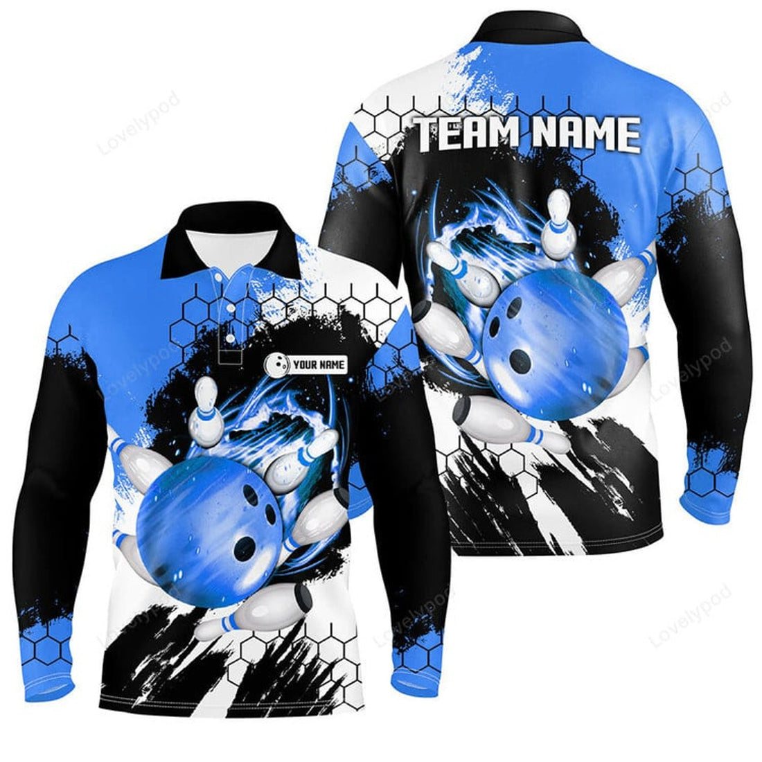 FUNSTUFFPRINT Blue Flame Bowling Ball And Pins Long Sleeve Polo Shirt, Custom Team League Bowling Polo Shirts For Men
