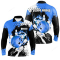 FUNSTUFFPRINT Blue Flame Bowling Ball And Pins Long Sleeve Polo Shirt, Custom Team League Bowling Polo Shirts For Men