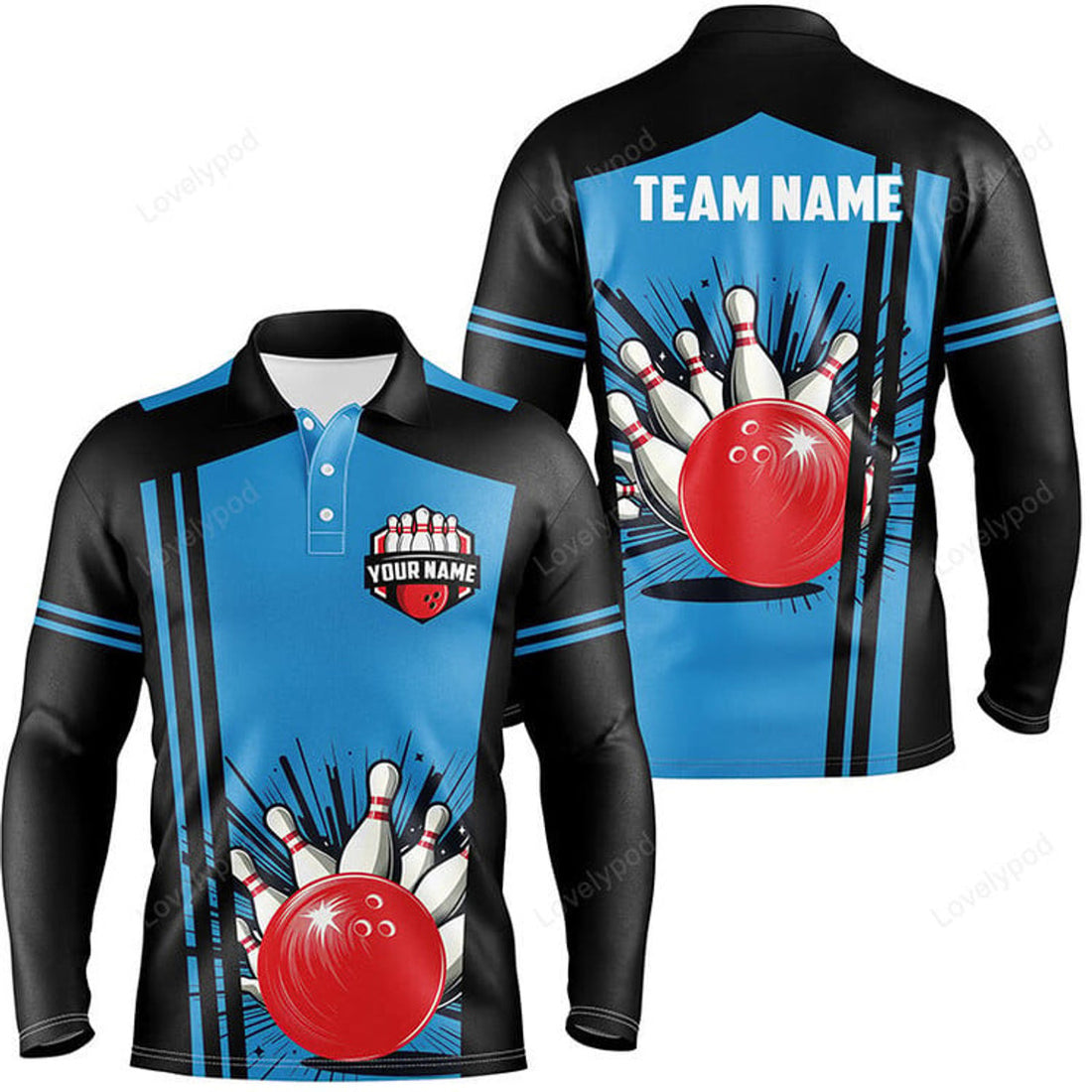 FUNSTUFFPRINT Men Bowling Long Sleeve Polo Shirts, Custom Black And Blue Retro Bowling Team Jersey, Gift For Team Bowlers