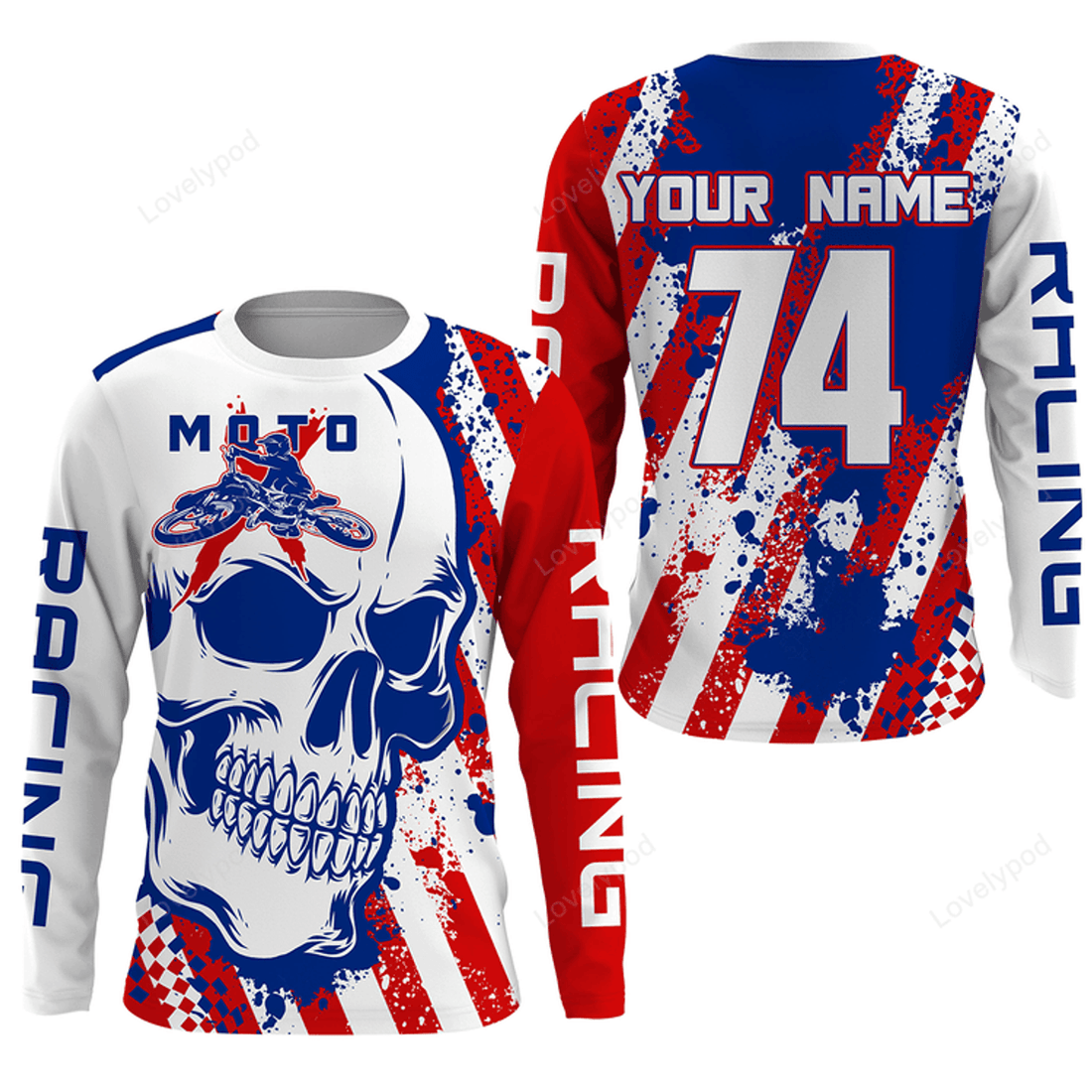 FUNSTUFFPRINT Custom Skull Moto X Long Sleeve T-Shirt, custom motocross UV American flag Patriotic dirt bike racing motorcycle racewear 3D Long Sleeve T-Shirt