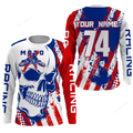 FUNSTUFFPRINT Custom Skull Moto X Long Sleeve T-Shirt, custom motocross UV American flag Patriotic dirt bike racing motorcycle racewear 3D Long Sleeve T-Shirt