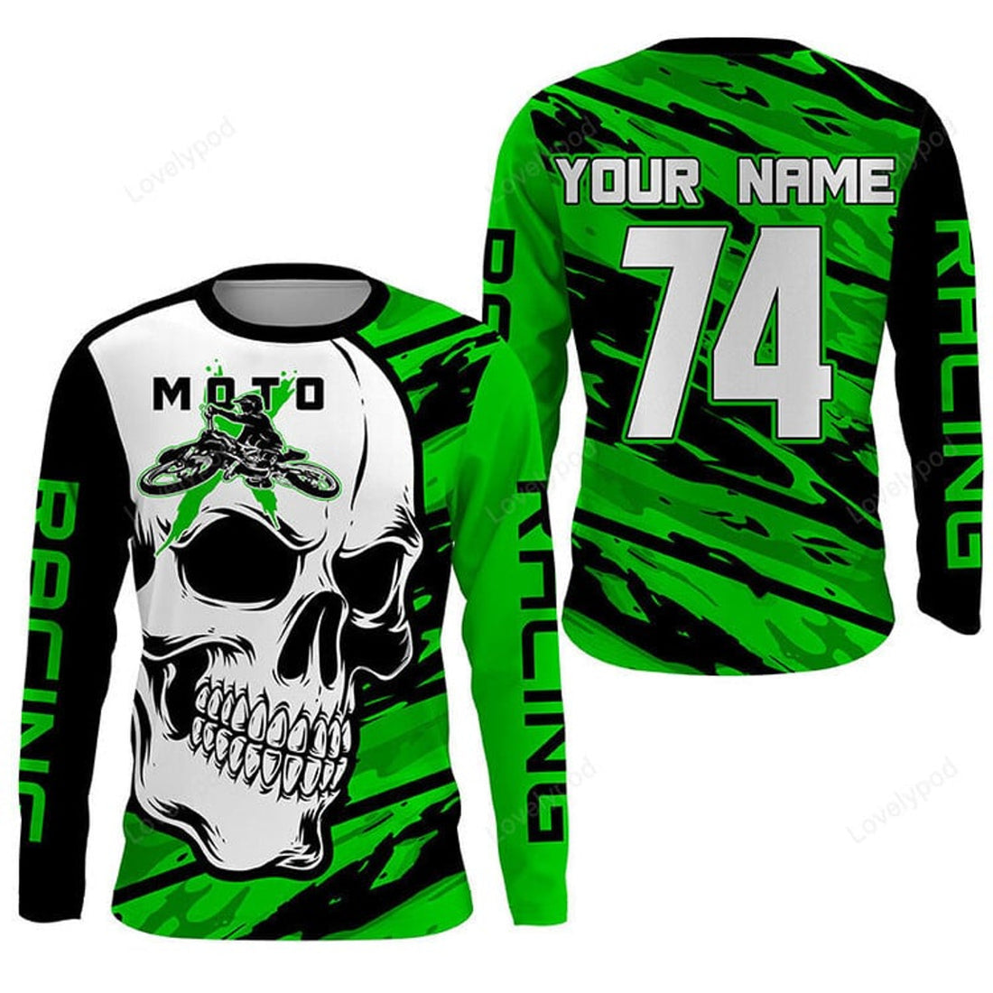 FUNSTUFFPRINT Custom Skull Moto X long sleeve, Custom Motocross Green Dirt Bike Racing Motorcycle Bikers Racewear 3D Long Sleeve T-Shirt
