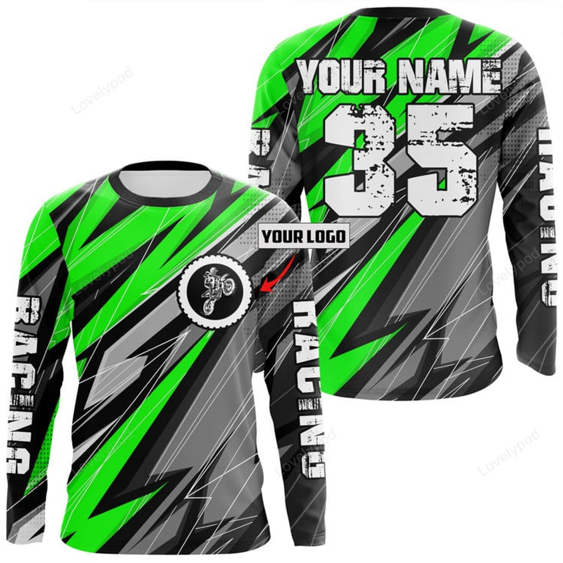 FUNSTUFFPRINT Custom Motocross Green , Men Kid Dirt Bike Shirt, Logo MX Off-Road Jersey 3D Long Sleeve T-Shirt