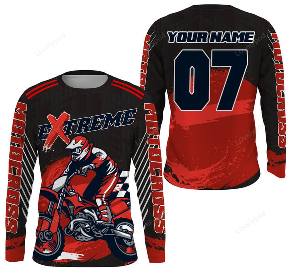 FUNSTUFFPRINT Custom red Motocross riding jersey, extreme MX racing dirt bike off-road motorcycle 3D Long Sleeve T-Shirt