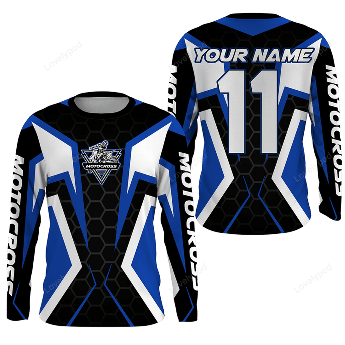 FUNSTUFFPRINT Custom Blue white customizable Motocross jersey, MX off-road shirt for men and women, biker racing motorcycle 3D Long Sleeve T-Shirt