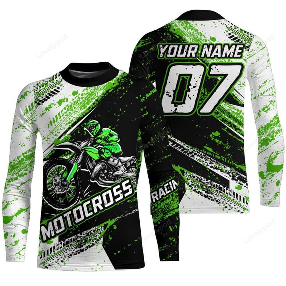 FUNSTUFFPRINT Custom Motocross Jersey, Custom Green Dirt Bike Shirt For Men Women, Off-road Racing 3D Long Sleeve T-Shirt