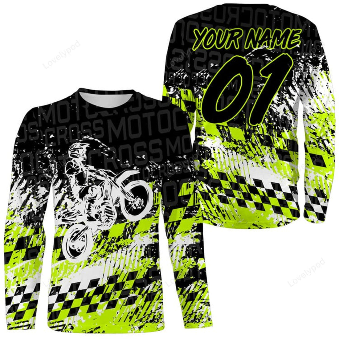 FUNSTUFFPRINT Custom Motocross Jersey, Custom Number Tire Track Motorcycle Shirt, Off-Road Dirt Bike Racing 3D Long Sleeve T-Shirt